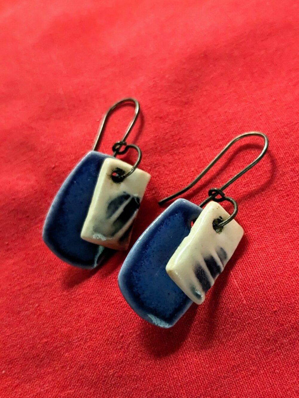Handcrafted Artisan Ceramic Dangle Earrings Blue White Layered Boho